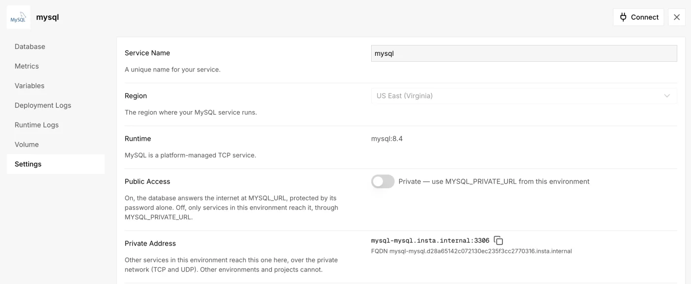 A MySQL service's Settings tab: the Public Access switch off, labeled "Private, use MYSQL_PRIVATE_URL from this environment", and below it the Private Address mysql-mysql.insta.internal:3306 with its FQDN
