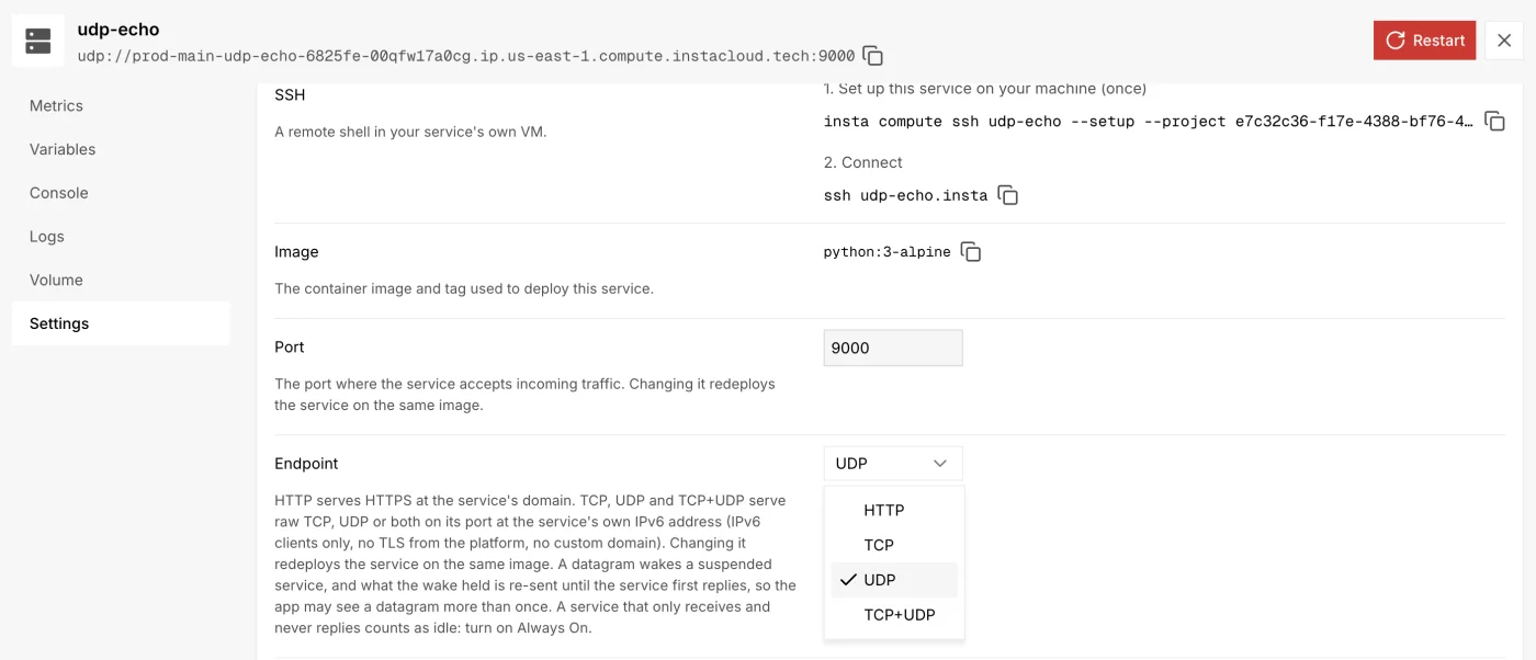 A compute service's Settings tab with Port 9000 and the Endpoint select open on HTTP, TCP, UDP and TCP+UDP, UDP checked; the header shows the service's udp:// address on port 9000