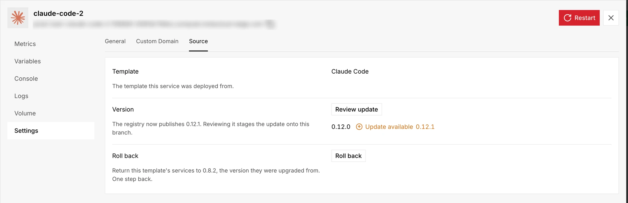 A Claude Code service's Settings open on the Source tab: Template is Claude Code, Version is 0.12.0 with Update available 0.12.1 and a Review update button, and a Roll back row offering to return the template's services to 0.8.2, the version they were upgraded from