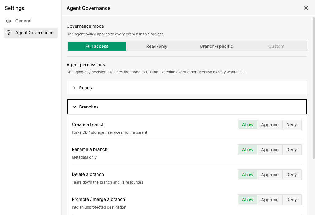 InstaCloud Agent Governance settings showing governance modes and branch permissions