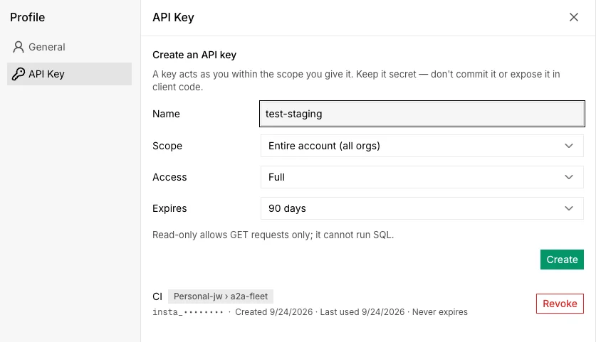 The API Key page under Profile, with Name, Scope, Access and Expires fields for a new key, and below them an existing key named CI scoped to one project with its creation date, last use and a Revoke button