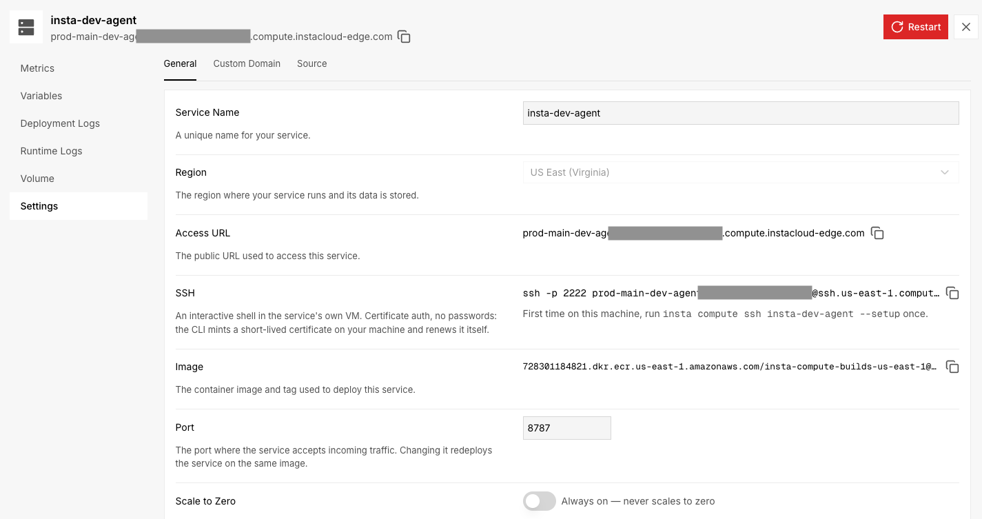 Compute service settings showing the SSH connection command and first-time setup instructions